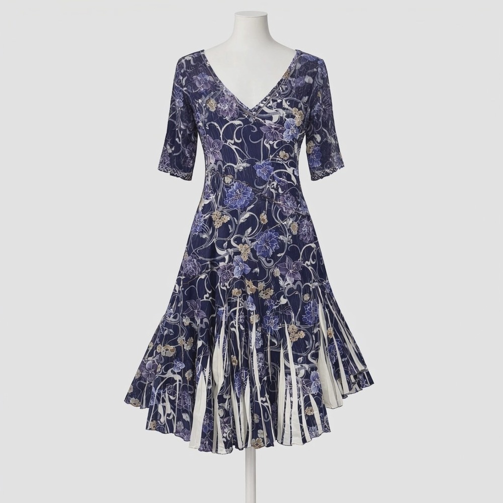 Komarov Crinkle Pleated Charmeuse Midi Dress Blue Floral Women's Large USA Made